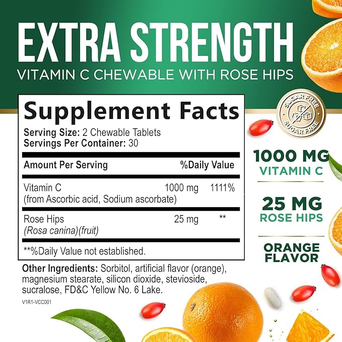 Vitamin C 1000mg Per Serving Chewable - Extra Strength Antioxidants for Powerful Immune Support w/Vitamin C & Rose HIPS, Potent Dietary VIT C Chews Supplement, Natural Orange Flavor, 60 Tablets