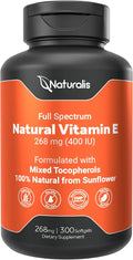 Naturalis Sunflower Vitamin E 268mg (400 IU) with Mixed Tocopherols | Essential Skin Vitamin & Immune Support | Non-GMO, Soy & Gluten Free | 300 Softgels