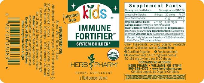 Herb Pharm Kids Immune Fortifier: Alcohol-Free Organic Immunity Supplement with Elderberry & Echinacea, Liquid Herbal Formula, 1 oz