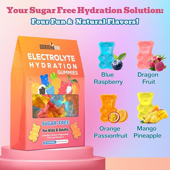 Electrolyte Gummies Sugar Free | Electrolyte Hydration Energy Gummies for Running & Sports - Energy Chews with Calcium & Vitamin C for Kids & Adults, Multiple Mixed Flavors, Gluten-Free, 90 Count