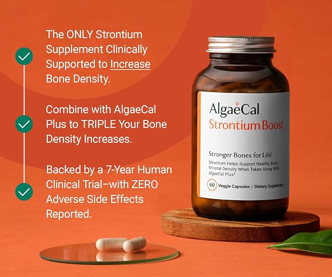 AlgaeCal - Strontium Boost, Natural Strontium Supplement for Bone Density Increase, Strontium Citrate 680 mg, Easy to Swallow for Bone Health & Bone Strength, Gluten-Free - Veggie Caps, 3 Month Supply