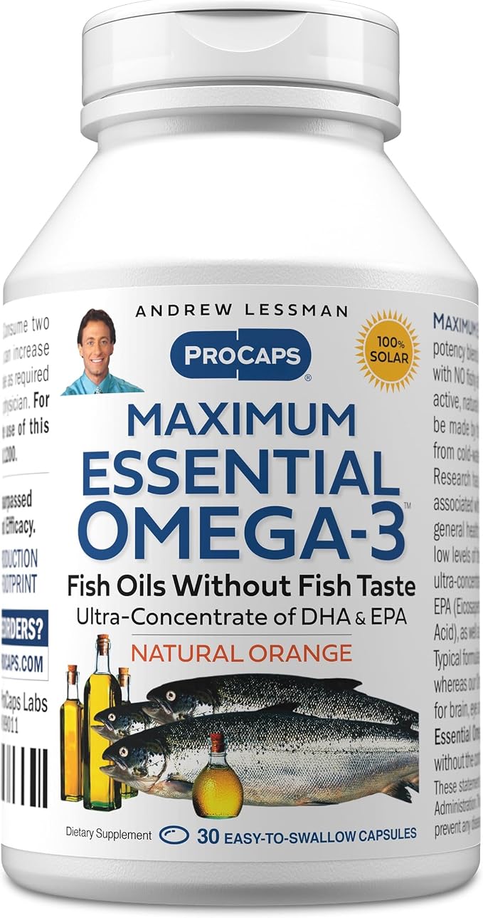 ANDREW LESSMAN Maximum Essential Omega-3 Orange - 30 Softgels - Ultra-Pure, High Potency Omega-3 Oils. High DHA, No Stomach Upset, No Contaminants, No Mercury. Small Easy to Swallow Softgels