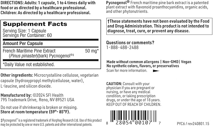 Klaire Labs SFI Health Pycnogenol 50 mg - Hypoallergenic Antioxidant Supplement with French Maritime Pine Bark Extract - Gluten-Free, Soy-Free 50mg Pycnogenol Extract (60 Capsules)