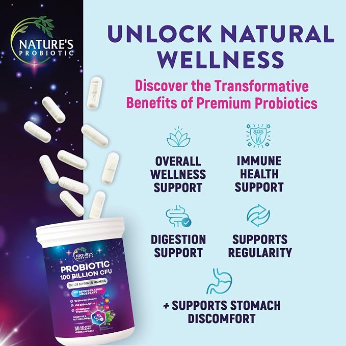 Probiotics for Digestive Health - Probiotic Blend 100 Billion CFU Per Capsule - 16 Premium Strains & Prebiotics for Women & Men, Occasional Constipation, Gas, Gut, Immune Health Support - 30 Capsules