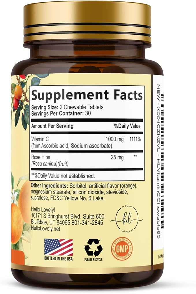 Vitamin C 1000mg Per Serving - Extra Strength with Rose Hips Bioflavonoids - Sugar Free Vitamin C Chewable Pills, Vit C Supplement for Immune Support & Antioxidant, USA Bottled - 60 Chewable Tablets
