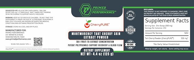 CherryPURE® Tart Cherry Powder, Skin-Derived Montmorency Cherry for Daily Recovery, 125g (250 Servings)