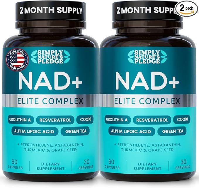 NAD+ Elite Complex – Direct NAD+ 300 mg with Urolithin A, Resveratrol, CoQ10 & Antioxidant Blend – Cellular Energy, Mitochondrial Support & Healthy Aging – Vegan, Non-GMO- 60 Capsules (Pack of 2)