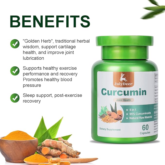 JulyDeer Curcumin Turmeric 95% with Celery Seed, Sour Cherry, Frankincense Extract, Glucosamine 5 in 1 Formula 95% Curcuminoid Natural Antioxidant Supplements Support to Joints and Immune Health