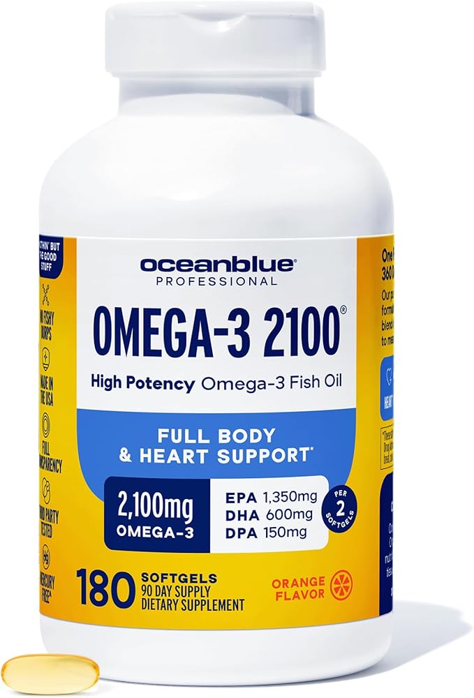 Oceanblue Professional Omega-3 2100 – 180 ct – Triple Strength Burpless Fish Oil Supplement with High-Potency EPA, DHA, DPA – Wild-Caught – Orange Flavor (90 Servings)