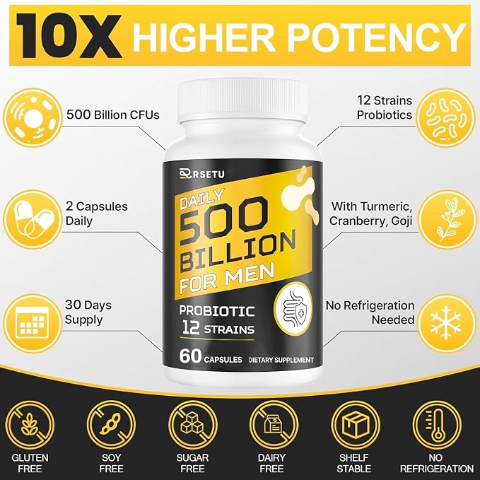 Probiotics for Men, 500 Billion CFUs & 12 Strains Mens Probiotic with Turmeric Cranberry, Goji, Gut Health for Men, for Digestive Health, Gut, Bloating & Gas, Immune, Energy Support, 60-Day Supply