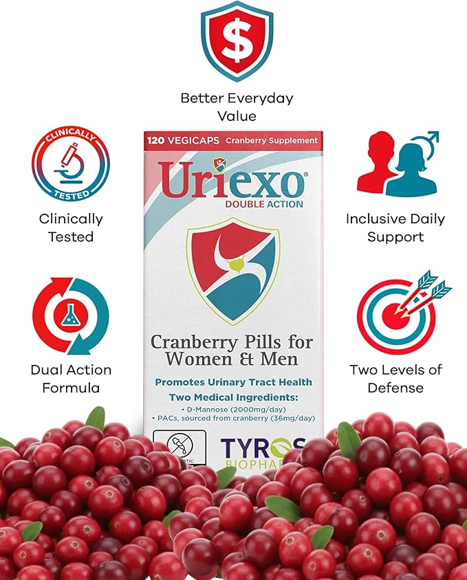 Uriexo Double Action Support Cranberry Pills - Urinary Tract Health Supplement with 36mg Proanthocyanidins PACs & 2000mg D-Mannose, Capsules for Men & Women, Non-Antibiotic Formula, 30 Day Supply