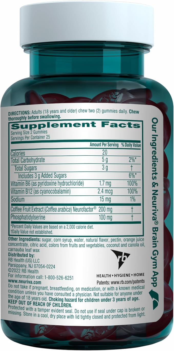 NEURIVA Plus Decaffeinated Nootropic Brain Supplement for Memory, Focus & Concentration & Cognitive Function, Clinically Tested NeuroFactor, Phosphatidylserine, Vitamins B6 B12,50ct Strawberry Gummies