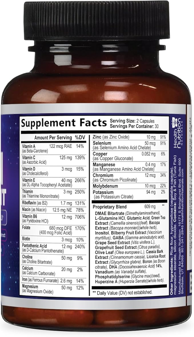 Brain Memory Supplement - 3X Strength Nootropics for Concentration, Clarity & Focus Support - Brain Health Cognitive Vitamins with Bacopa, Phosphatidylserine & DMAE, Brain Booster, 60 Capsules