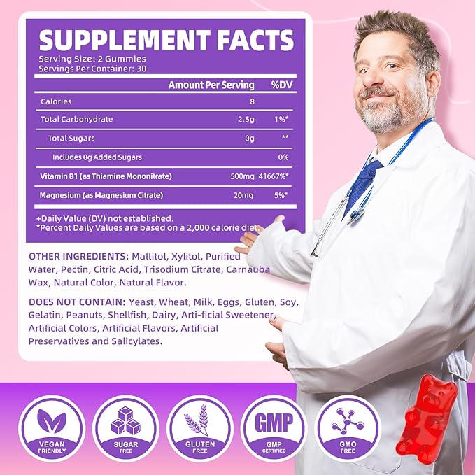 Vitamin B1 Gummies 500mg for Adults & Kids – High Potency Thiamine B1 Supplement for Energy & Nervous System Support, Sugar-Free, Raspberry Flavor, 60 Count