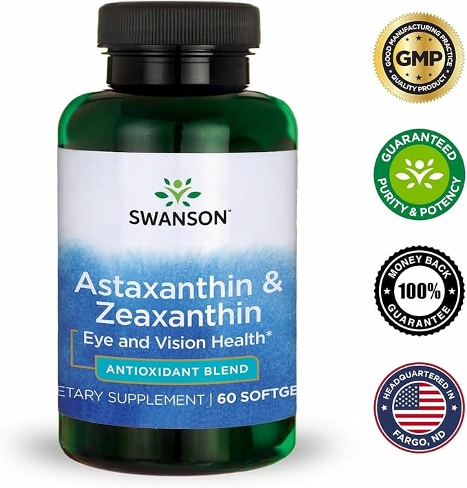Swanson Astaxanthin & Zeaxanthin Eye Health Supplement for Screen-Heavy Professionals with 4 mg Astaxanthin & 4 mg OmniXan Zeaxanthin (60 Softgels, 2 Pack)