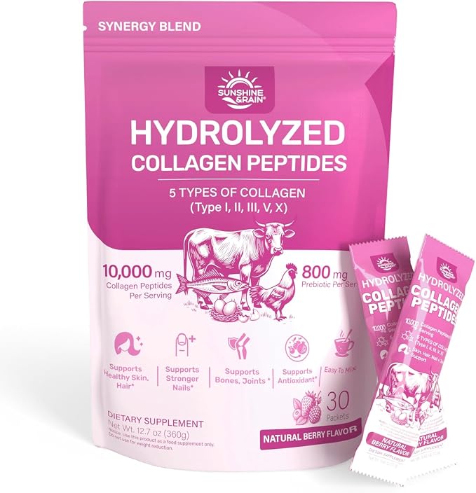 Multi Collagen Peptides Powder for Women – 10g Hydrolyzed Collagen Type I, II, III, V & X with Biotin, Hyaluronic Acid & Prebiotics | Hair, Skin, Nail & Bone Support | Berry Flavor | 30 Stick Packs