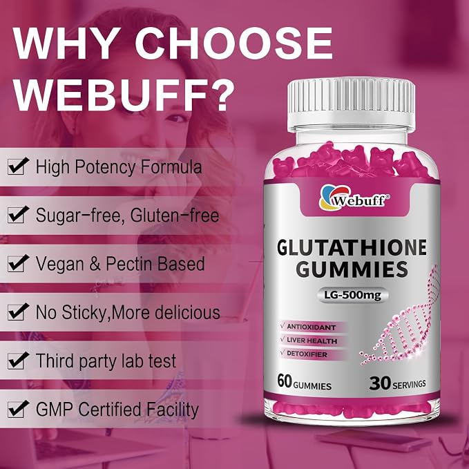 Glutathione Gummies with Collagen 500mg Vitamin C & B6 Skin Glow Hair & Nail Support Anti-Aging Antioxidant Sugar-Free Non-GMO Strawberry Flavor 60 Gummies (60 Count (Pack of 2))