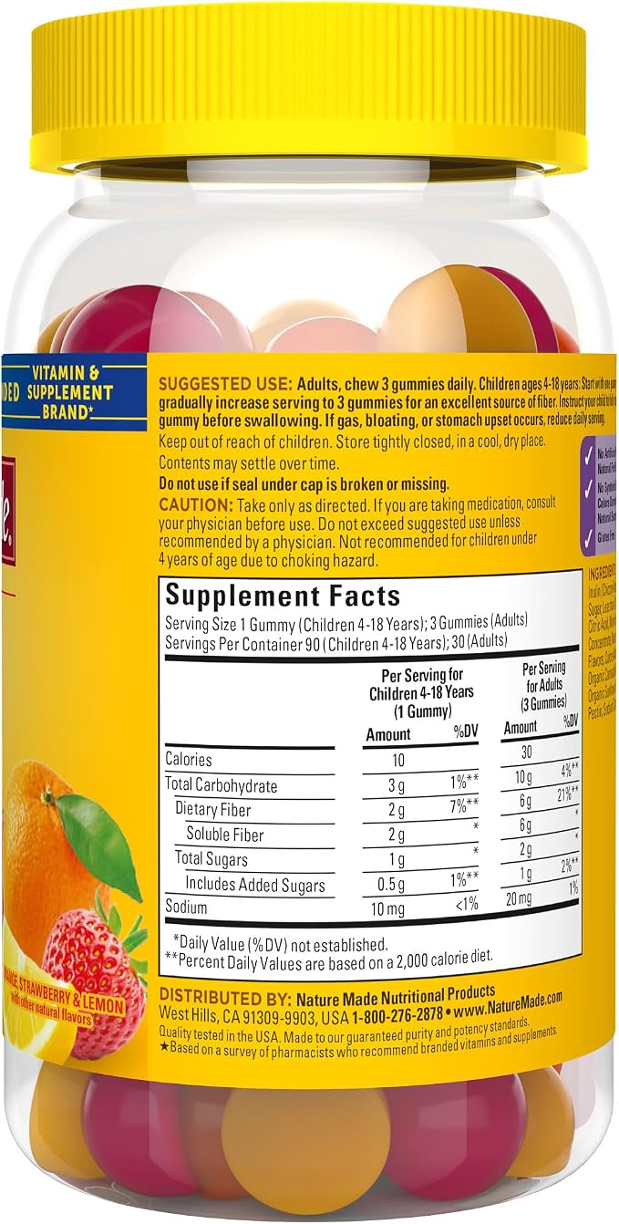 Nature Made Prebiotic Fiber Gummies for Adults and Kids, Fiber Supplement for Digestive System Support, 90 Gummies