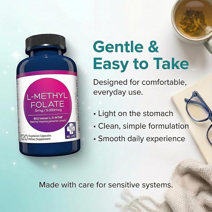 MD Life L-Methylfolate 5 mg Supplement - Professional-Grade Active L Methylfolate Supplement - 120 Capsules - L-Methylfolate 5mg - Maximum Potency MTHFR W/Essential Amino Acids