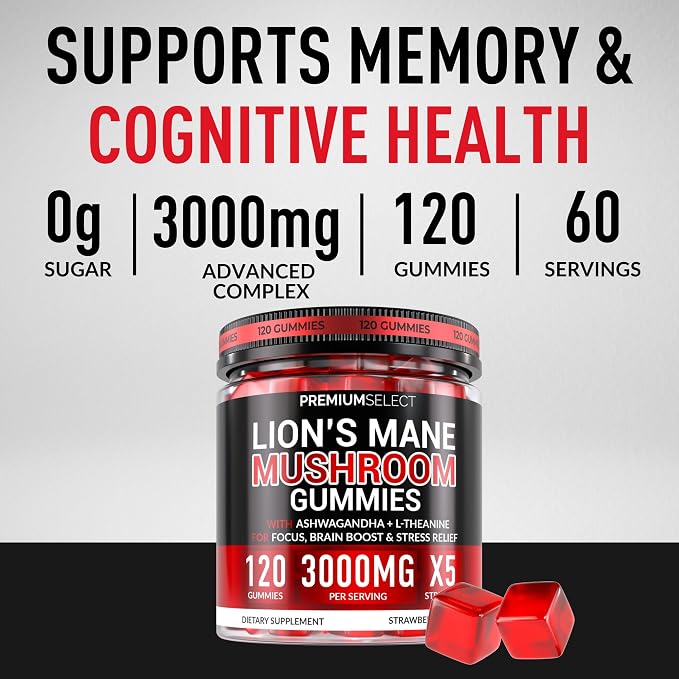 Lions Mane Gummies Sugar Free – 120 Gummies for Clarity & Brain Nutrition Support - Lion's Mane Mushroom 3000mg with Ashwagandha & L-Theanine – Brain & Mood Supplement – Focus, Memory, Calm