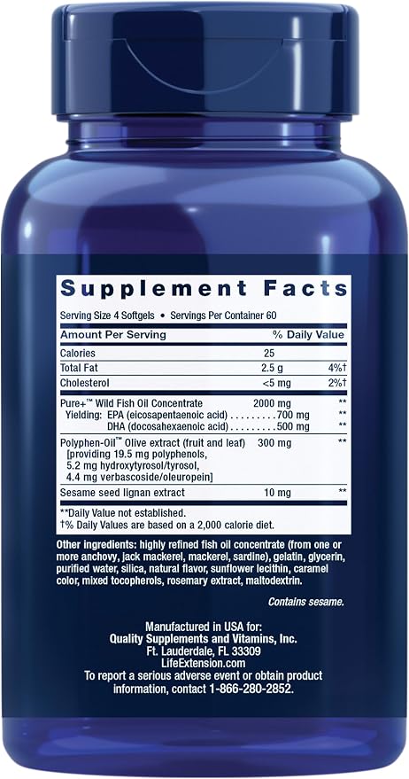 Life Extension Super Omega-3 EPA/DHA Fish Oil, Sesame Lignans & Olive Extract – Heart Health, Brain Health, Inflammation Health Support, Gluten-Free, Easy to Swallow, Non-GMO, 240 Softgels