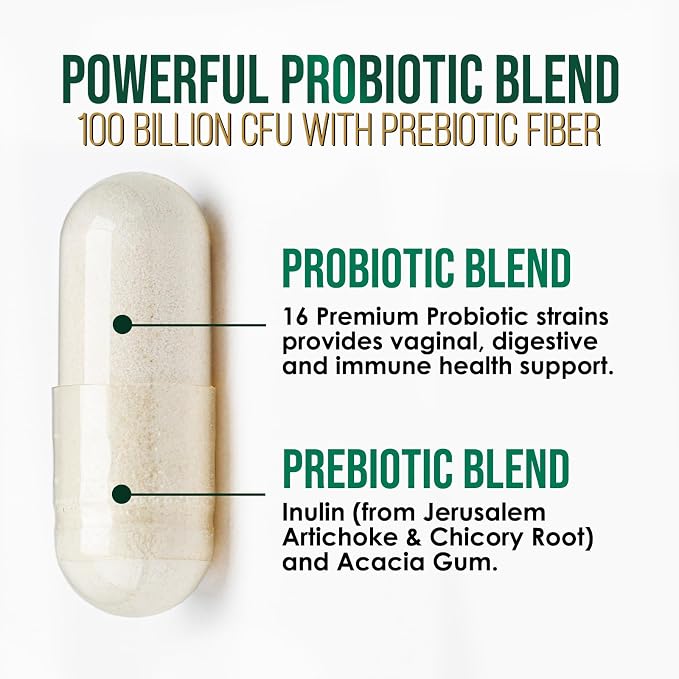 Probiotics 100 Billion CFU Per Serving - 16 Premium Probiotic Strains Prebiotics - Immune Support, Gut Health, Occasional Constipation, Gas & Bloating, Probiotics Supplement, USA Bottled, 60 Capsules