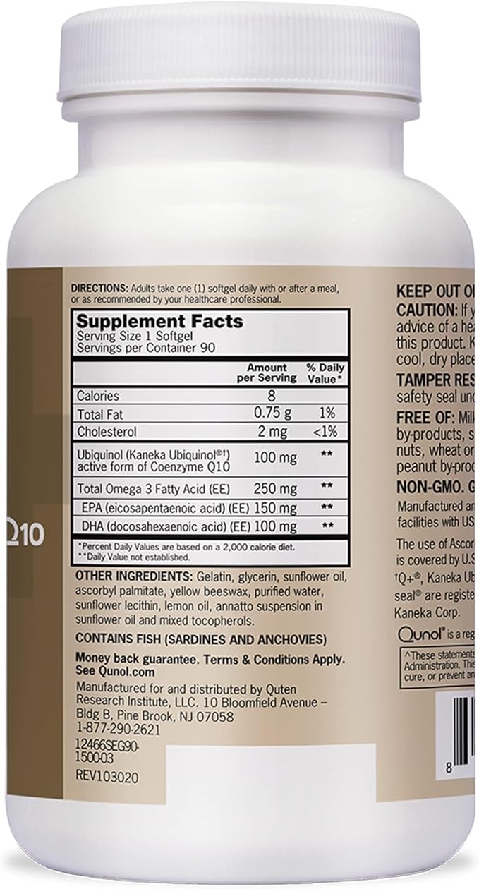 Qunol Plus Ubiquinol CoQ10 100mg with Omega 3 Fish Oil 250mg, Extra Strength Antioxidant Supplement, 90 Count