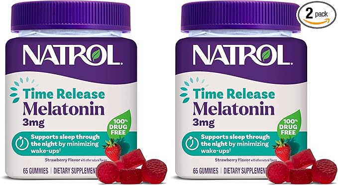 Natrol Time Release Melatonin Gummies, Sleep Support for Adults, 3 mg Melatonin Supplements for Sleep Support, 65 Strawberry-Flavored Gummies, Up to a 65 Day Supply, (Pack of 2)