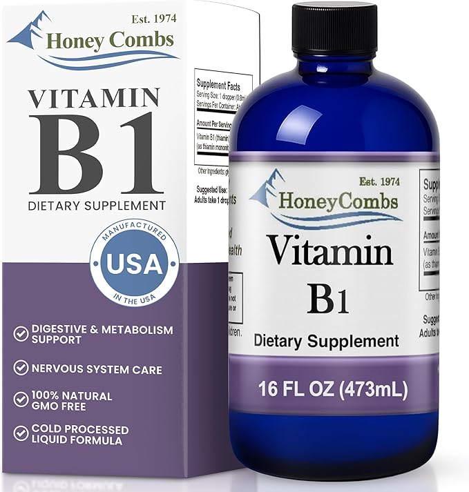 HoneyCombs B1 Supplement (Thiamine) Liquid Drops - High Potency Thiamine B1 Supplement for Men & Women - Maintain Nervous System, Energy & Overall Health - Vegan Liquid B Vitamins (16 Fl oz)