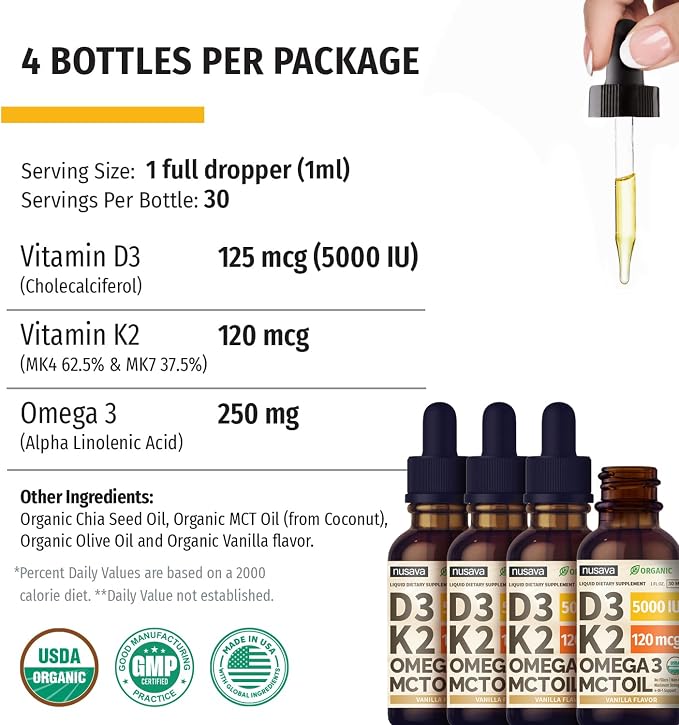 NUSAVA (4 Pack) Organic Vitamin D3 K2 Drops with MCT Oil Omega 3, 5000 IU, Maximum Strength Vitamin D Liquid - No Fillers, Non-GMO Liquid D3 for Faster Absorption & Immune Support (Vanilla, 4 Fl Oz)