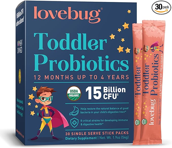 LOVEBUG Kids Probiotic Powder with Prebiotic Fiber - Toddler Immunity Support & Constipation Relief - USDA Organic Probiotics for Childrens Gut & Digestive Health (Ages 1-4) - 30 Pack (Unflavoured)