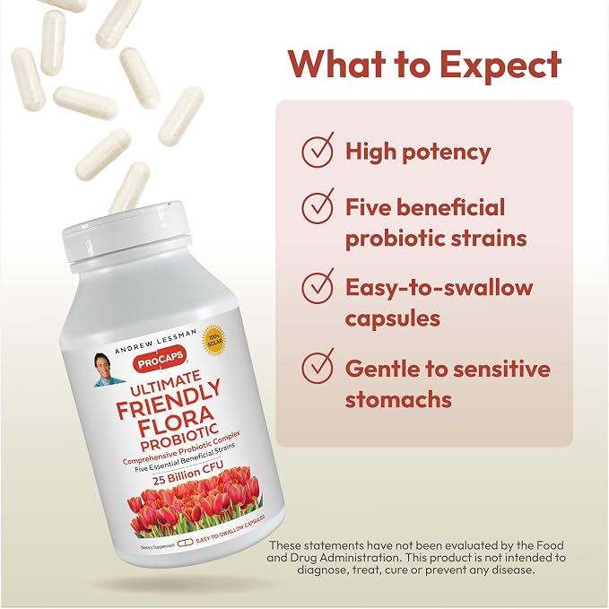 ANDREW LESSMAN Ultimate Friendly Flora Probiotic 120 Capsules - 25 Billion CFU, Comprehensive Blend of Five Probiotic Strains, Powerful Immune and Digestive Support. Probiotics for Women or Men