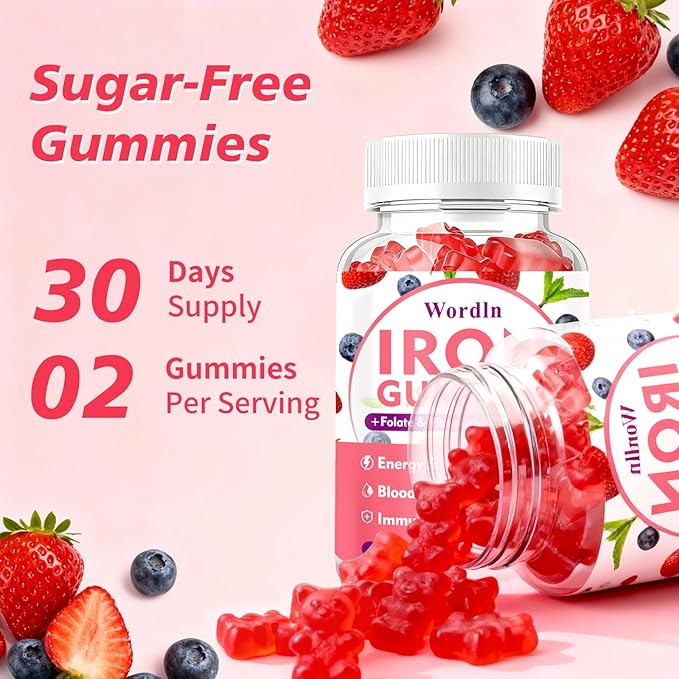 Iron Gummies for Women, Men & Kids, Vegan Iron Supplement with Vitamin C, B12, Folate for Energy Support & Immune Health, Sugar Free, 60 Gummies (Pack of 2)