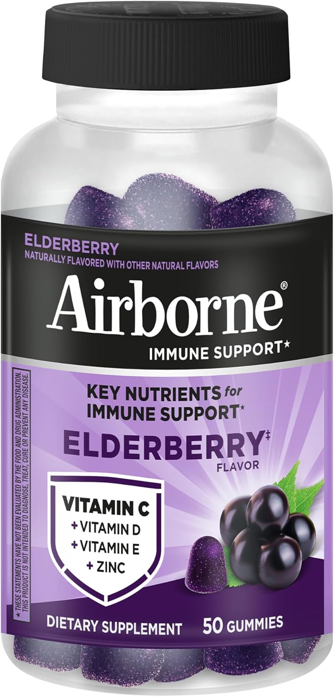 Airborne Elderberry + Zinc & Vitamin C Gummies For Adults, Immune Support Vitamin D & Zinc Gummies With Powerful Antioxidant Vitamins C D & E - 50 Gummies, Elderberry Flavor
