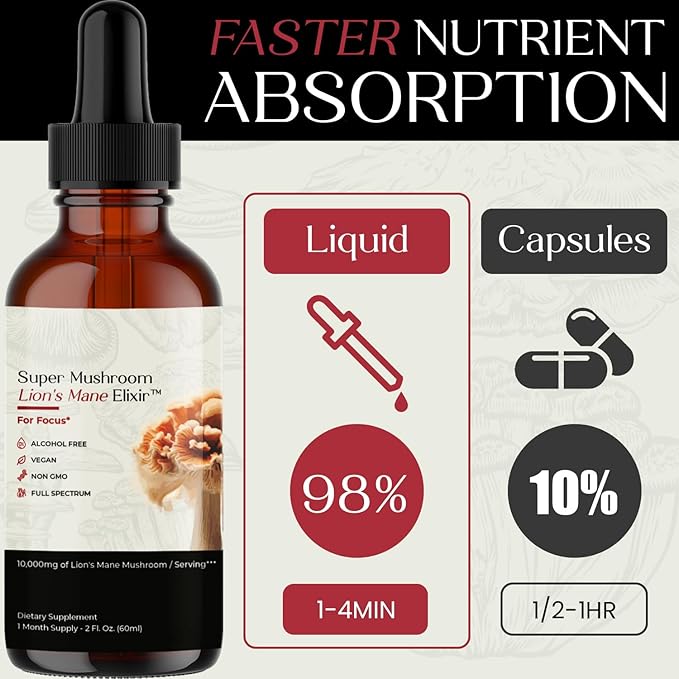 Auri Nutrition Lion’s Mane Liquid Elixir - Brain Supplements for Memory and Focus with Functional Mushrooms - Lions Mane Supplement, Full Spectrum Lion's Mane Extract - No GMO, Vegan Mushroom Tincture