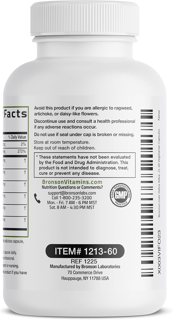Bronson Liver Detox Advanced Detox & Cleansing Formula Supports Health Liver Function with Milk Thistle, Dandelion Extract, Turmeric, Artichoke Leaf & More, Non-GMO, 60 Vegetarian Capsules