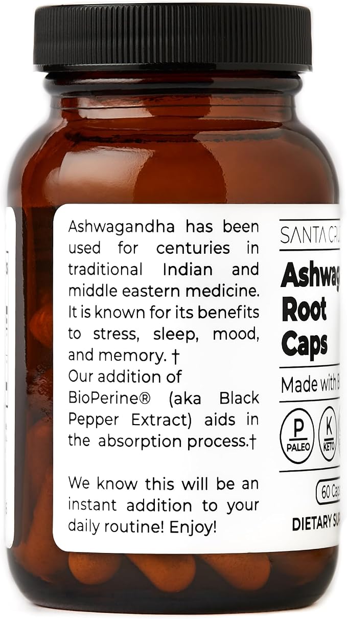 Santa Cruz Paleo Ashwagandha Capsules, 600mg Ashwagandha Root per Capsule, Gluten Free, Keto, Sugar Free, Paleo, Supports Energy, Focus, and Relaxation, BioPerine for Fast Absorption, 60 Capsules