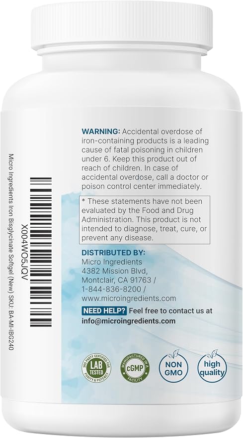 Micro Ingredients Ferrous Iron Bisglycinate 65 mg, 240 Softgels | Chelated Iron Supplement for Women & Men | Supports Red Blood Cell Production* | with Vitamin C & Black Seed Oil | Non-GMO
