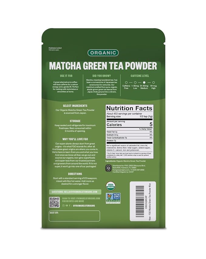 FGO Organic Matcha Green Tea Powder - Organic Matcha for Lattes, Smoothies & Baking - USDA Organic & Non-GMO - 16oz Resealable Bag