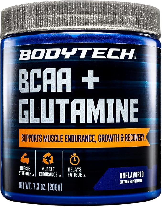 BodyTech BCAA + Glutamine Powder with Vitamin C, L Glutamine & More, Essential Pre Workout or Post Workout Amino Acids for Men & Women, Unflavored, 7.3 Oz, 30 Servings