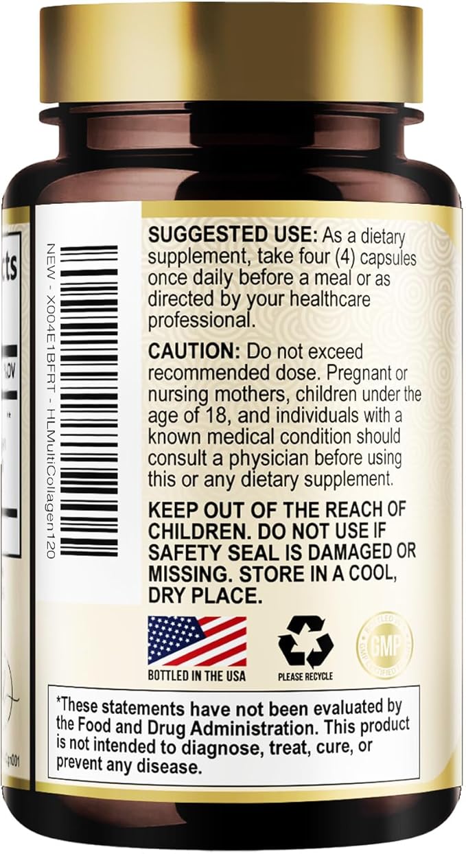 Multi Collagen Peptides for Women & Men - 2400mg per Serving - Best Hydrolyzed Collagen Complex with Type I, II, III, V, X - Hair, Skin, Nails & Joint Support Supplement - Bottled USA - 120 Capsules