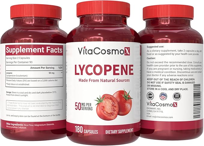 Lycopene 50mg Vegan Capsules, 180 Count, Plant-Based Antioxidant Support