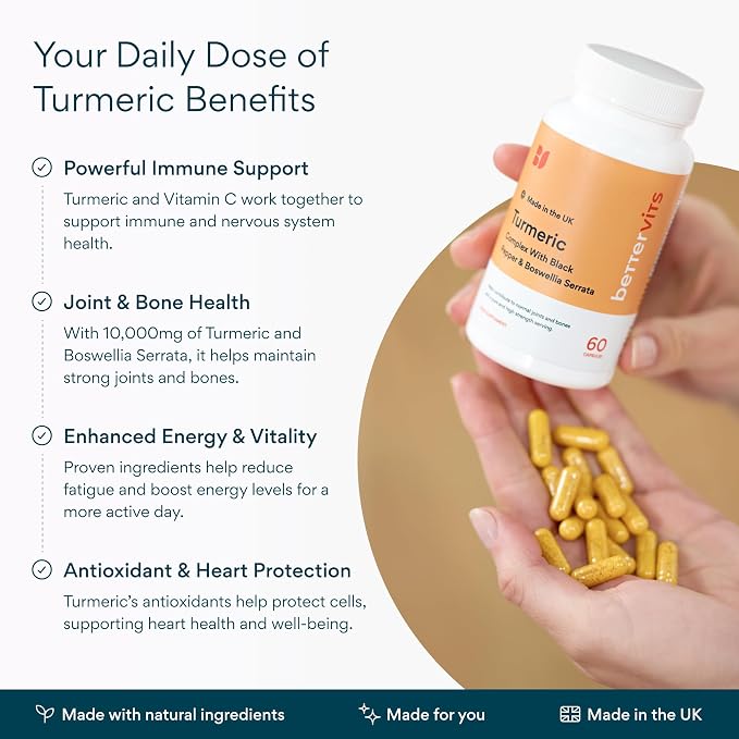 Bettervits Turmeric Curcumin Supplement with Black Pepper and Boswellia Serrata | Organic 1000mg Turmeric Supplement for Enhanced Absorption and Vitamin C | Joint Support - Non-GMO | 60 Vegan Capsules