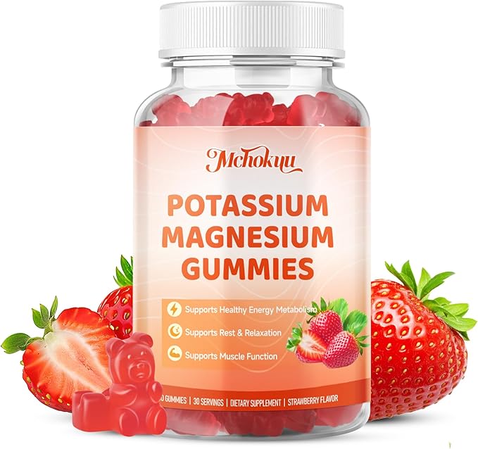 Potassium Magnesium Gummies – High Absorption Magnesium Glycinate – Magnesium Potassium Supplement Gummies with Vitamin B6, D3, B12 for Muscle Support, Sugar-Free Strawberry Flavor, 120 Count
