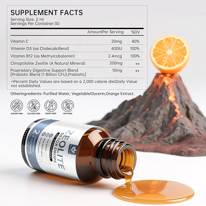 Zeolite Drops for Adults and Kids – 99%+ Pure Natural Zeolite clinoptilolite, with Vitamin B, Probiotic Blend, Vegan, Non-GMO - Supports Immune Health, Supplement Energy and Attention - 2 Fl Oz