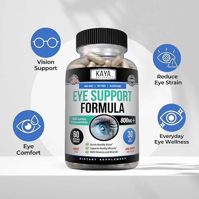 Kaya Naturals Eye Health Supplement - Lutein & Zeaxanthin - Supports Eye Strain, Dry Eyes, and Vision Health - Clinically Proven Ingredients 800mg Vitamin Supplement - 60 Count (Pack of 2)
