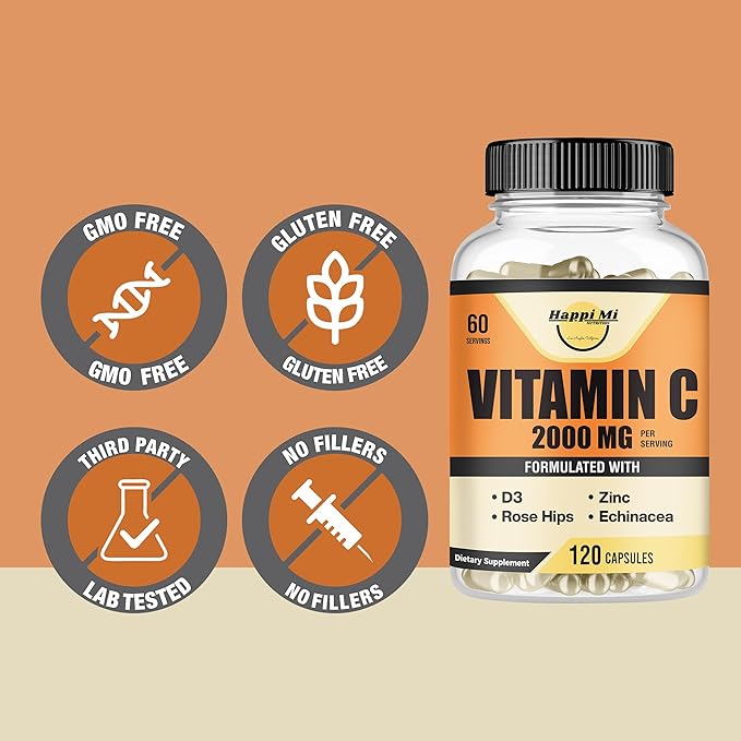 Vitamin C 2000mg per Serving with Zinc 40mg & Vitamin D3 5000 IU – Echinacea Extract & Rose Hip – 120 Vegan Capsules, 60 Day Supply, Non-GMO, No Fillers
