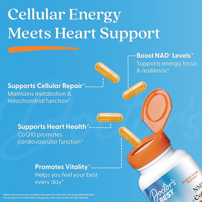 Doctor's Best NMN + CoQ10 Supplement for Women & Men - Supports NAD+ Production & Cellular Energy, Beta Nicotinamide Mononucleotide 150 mg & Coenzyme Q10 50 mg per Capsule, Vegan, Non GMO- 60 Veg Caps