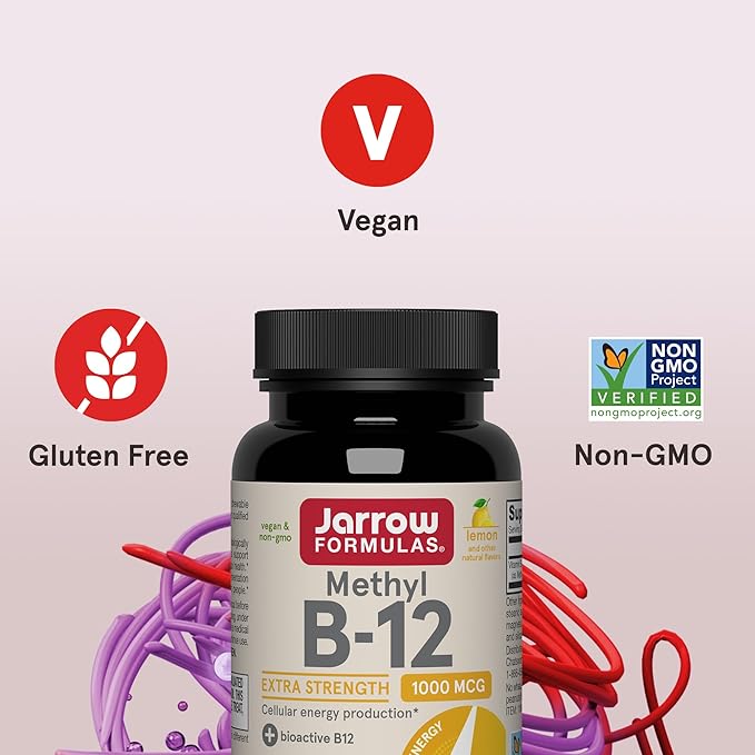 Jarrow Formulas Methyl Vitamin B-12 1000 mcg, 100 Chewable Tablets, Lemon Flavored- Bioactive B12 Vitamin - Supports Cellular Energy Production, Brain Health & Metabolism - 100 Servings