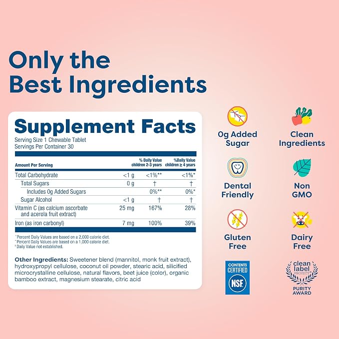 Hiya Iron+ Supplements for Kids - High Absorption Iron Supplement - Delicious Strawberry Flavor & Easy on Children's Stomach - No Added Sugar & Third Party Tested - 30 Day Refill Supply for Toddlers